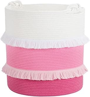 CherryNow Extra Large Woven Storage Baskets – 16'' x 17'' Cotton Rope Decorative Pink Hamper for Nursery, Toys, Blankets, and Laundry, Cute Tassel Nursery Décor for Baby & Girl