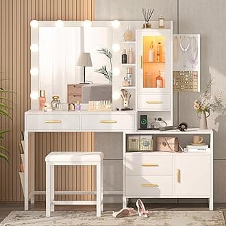 White Vanity Desk Set with Lighted Mirror and Hidden Jewelry Organizer, Makeup Vanity with Charging Station & LED Cabinet, 5 Drawers Dressing Table with Chair for Bedroom