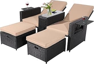 5PCS Outdoor Wicker Chaise Lounge Chair - Rattan Adjustable Reclining Patio Lounge Chair with Ottoman and Coffee Table, for Patio Beach Pool Backyard (Black Wicker Khaki Cushion)