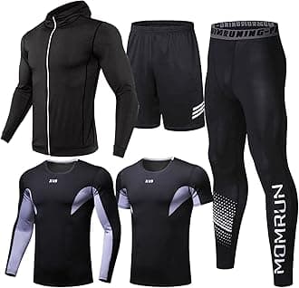 BOOMCOOL5Pcs Gym Clothes Men Tracksuit Sets Running Wear Compression Shirts Sleeve Tops Jackets Long Suits Leggings Shorts Sports Activewear for Athletic