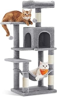 Feandrea Cat Tree, 44.1-Inch Cat Tower for Indoor Cats, Multi-Level Cat Condo with 4 Scratching Posts, 2 Perches, Hammock, Cave, Light Gray UPCT261W01