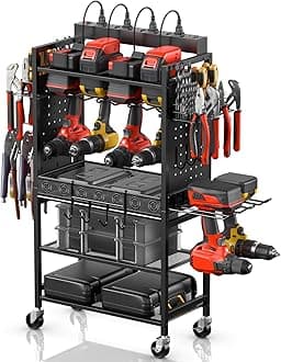 CCCEI Power Tool Organizer Cart with Charging Station, Garage Floor Rolling Storage Large Cart on Wheels for Mechanic, Mobile 6 Drill, Tool Box Utility Cart with Battery Charging Power Strip, Black.