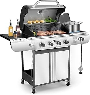Electactic 4-Burner Gas BBQ Grill with Side Burner, Porcelain-Enameled Cast Iron Grates, Baking Pan, 42,000 BTU Stainless Steel Propane Grill for Outdoor Cooking and Patio Barbecues