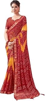 SAMAHWomen's Bandhani Printed | Leheriya Printed Chiffon Saree with Unstitched Blouse Piece