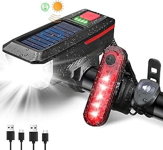 Bike Light, Sloar & USB Rechargeable Bicycle Light Set with Horn, Super Bright LED Bike Lights for Night Riding Front and Back, Waterproof Safety Headlight and Rear Taillight Set