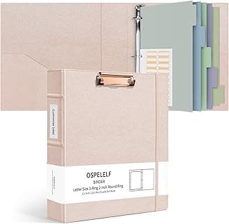 Ospelelf 3 Ring Binder with Clipboard 2 Inch Leather Binder for Letter Size (8.5" x 11"), Clipboard Binder with 5 Tab Dividers Back to School Supply, Rose Gold