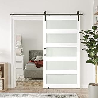 42in x 84in 5-Panel Sliding Glass Barn Door with 7ft Hardware Kit Included, Easy Assembly with Pre-Drilled Holes, Waterproof, Frosted Glass for Bathroom-Fit Max Opening 40in x 82in, White