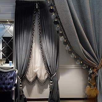 Luxury Pom Poms Curtain for Living Room Blackout Velvet 2 Panels Curtains Set Luxury Tassel Bedroom Curtains (Iron Grey, (50W×96L)×2)