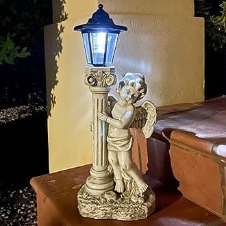 Angel Statue with Solar Lights (Right) 19.7 Inch, Outdoor Solar Angel Garden Statue with Roma Pillar for Garden Lawn Deocr, Christian Religious Gift