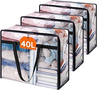 Lifewit 3 Pack Clear Clothes Storage Bags, 40L Plastic Blanket Storage Bag, Vinyl Foldable Moving Bags with Zipper, Closet Organizers and Storage Containers for Bedding, Duvet, Comforter