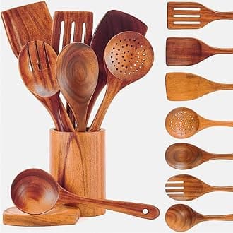 9-Piece Dark Brown Kitchen Essentials Wooden Cooking Utensils Set - Complete Kitchen Utensils Set for Gourmet Results