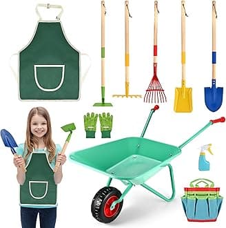GOLDGE 10pcs Kids Gardening Tool Set - Wheelbarrow Outdoor Toy with Shovel, Rake, Pretend Weed Digging Tools, Backyard Play for Toddlers, Boys, Girls. Ideal Birthday or Valentine's Gift for Ages 3-5