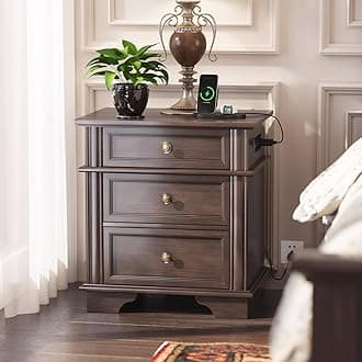 VINGLI 24" W Nightstand with Charging Station, Wood Nightstand with Textured Drawers, Large 3 Drawer Night Stand Antique Brown, Night Stand for Bedroom with Curved Legs, Bedside Table,Side Table