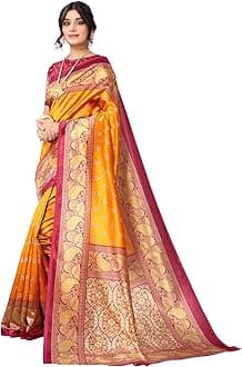 Satrani Women's Printed Poly Silk Saree with Unstitched Blouse Piece(2437ST879_Turmeric Yellow, Beige)