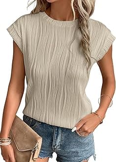 EVALESS Womens Short Sleeve Textured Tops Crewneck Knit Solid Loose Casual Basic T Shirts Tee Blouses