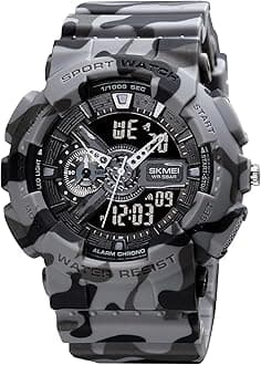 Sport Watch with LED Screen for Men Analog-Digital Display Black Dial ABS::PU Men's PU Army Grey Camo Color Stylish Band, Water-Resistant & Scratch-Resistant-1688, Gray, Military