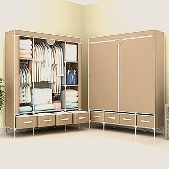 Canvas Wardrobe with 4 Drawers, Light Coffee | Multi-Functional Clothes Storage with Hanging Rail and Shelves, Durable and Space-Saving, 150X45X170CM
