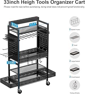 CCCEI Garage Power Tools Organizer Cart with Charging Station, Black Floor Standing Rolling Drill and Tools Battery Storage Cart on Wheels. Utility Rack Gift for Men, Husband, Father.