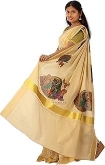 Women's Mural Printed Kerala Gold Tissue Saree with Running Blouse Piece | Traditional South Indian Ethnic Saree for Festivals, Weddings & Special Occasions