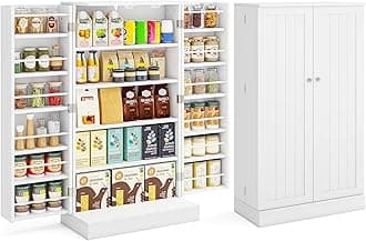 TANGZON Kitchen Cupboard, Kitchen Pantry Cabinet with Doors & Adjustable Shelves, Space Saving Larder Storage Cupboard Organiser for Dining Room Living Room Entryway (White, 59 x 30 x 104cm)