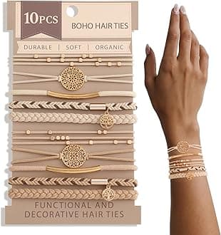 10 Boho Bracelets, Braided & Stretch Hair Ties for Thick/Thin Hair, 5 Styles, Light Coffee Colors - No Damage Ponytail Holders