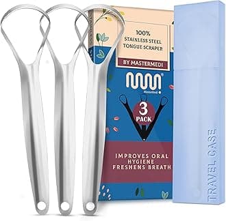 MasterMedi Tongue Scraper for Adults, 100% Stainless Steel for Bad Breath, Easy to Use, Tongue Cleaner for Oral Care (Pack of 3 with 1 Case)