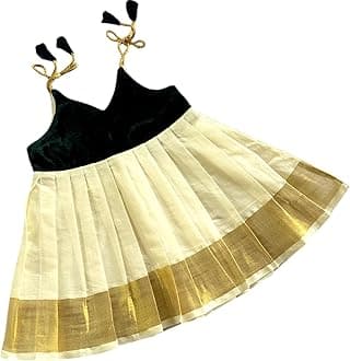 PicksparrowNewborn Baby Girl Kasavu Dress/Kerala Kasavu Traditional Frock/Onam-Vishu Dress (Velvet, Shoulder-Knot)