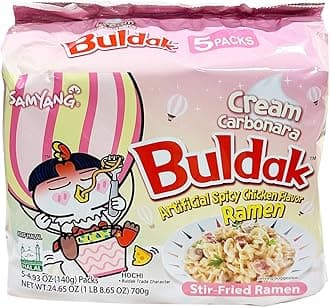 Buldak Hot Spicy Chicken Flavor Ramen,Korean Stir-Fried Instant Package Noodle Cream Carbonara,1 Bag with 5 Pack,4.93 OZ