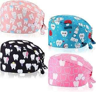 Unittype 4 Pcs Nurse Caps for Women Nursing Working Caps with Button and Sweatband Adjustable Elastic Scrub Hats for Dentist
