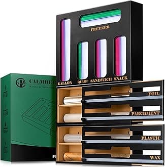 Calmbee Storage Bag Organizer and Wrap Dispenser with Cutter, 9 IN 1 Bamboo Foil and Plastic Wrap for Kitchen Drawer, Plastic Bag Organizer for Gallon, Quart, Sandwich (Black, Large)