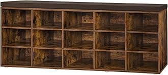 DINZI LVJ Shoe Storage Bench with Cushion, 15-Cubby Rack, Adjustable Shelves, Long Organizer Bench for Entryway, Mudroom, Hallway, Living Room, Bedroom and Garage, Rustic Brown