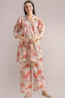 Leriya Fashion Women Cotton Co Ord Set Stylish|Anarkali Kurta Set Printed Kurta & Straight Pant|Festive Indian Traditional Outfit For Functions & Puja|Trendy Travel & Streetwear Look|3/4 Half Sleeve