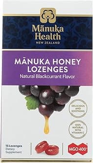 Manuka Honey Lozenges – 15 Blackcurrant Flavored Lozenges – Natural Throat Lozenges Infused with Raw Manuka Honey and Vitamin C for Immune Support