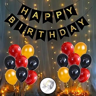 Party Propz Red & Black Happy Birthday Decoration Set - 54Pcs Combo Pack - Birthday Banner (cardstock), Heart Foil Ballons, Metallic Balloon, Led Lights - Birthday Decorations Item