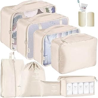 9 Pcs Packing Cubes, Travel Luggage Organizer for Men and Women, Toiletry Bag, Packing Cubes for Travel With Tooth Brush Holder- Set of 9 - Beige