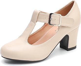 Women's T-Strap Mary Jane Pumps Low Block Chunky Heels Closed Round Toe Dress Wedding Office Work Shoes