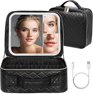 Makeup Bag with LED Lighted Mirror| Portable Makeup Organizer Train Case with 2X/3X Magnification & 3 Color Lights for Precision, Adjustable Brightness| Elegant Gift Packaging, Gift for Women, Black