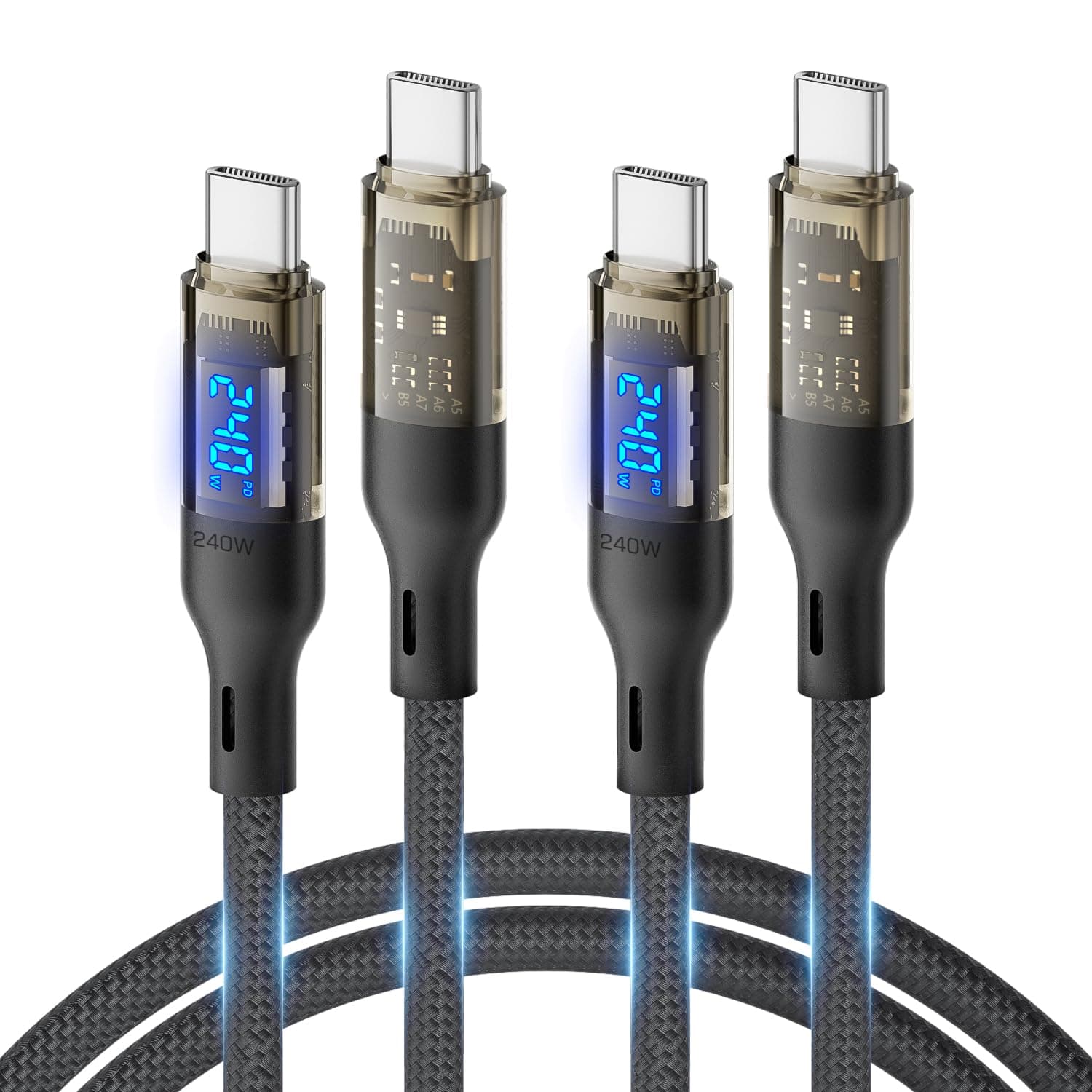 SOOPII 240W USB C to USB C Cable[4ft 2-Pack],Fast Charging USB C Cable with LED Display for MacBook Pro,lPhone15/15Pro/15ProMax,Galaxy S23+/S23Ultra/S22Ultra,etc,Transparent Shell,(Black)