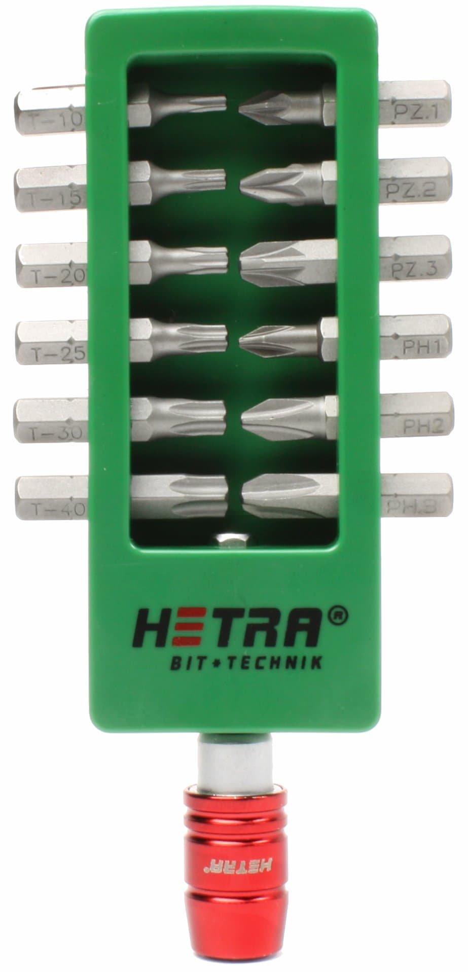 Hetra 12 piece Bit Grip with Belt Clip, (2)Phillips Head #2, (2)Pozi Drive #2, (2)Torx 10, (2)Torx 20, (2)Torx 25, and Power Bit Extension
