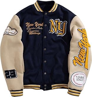 GORGLITTER Men's Letter Graphic Varsity Jacket Long Sleeve Striped Trim Button Bomber Jackets