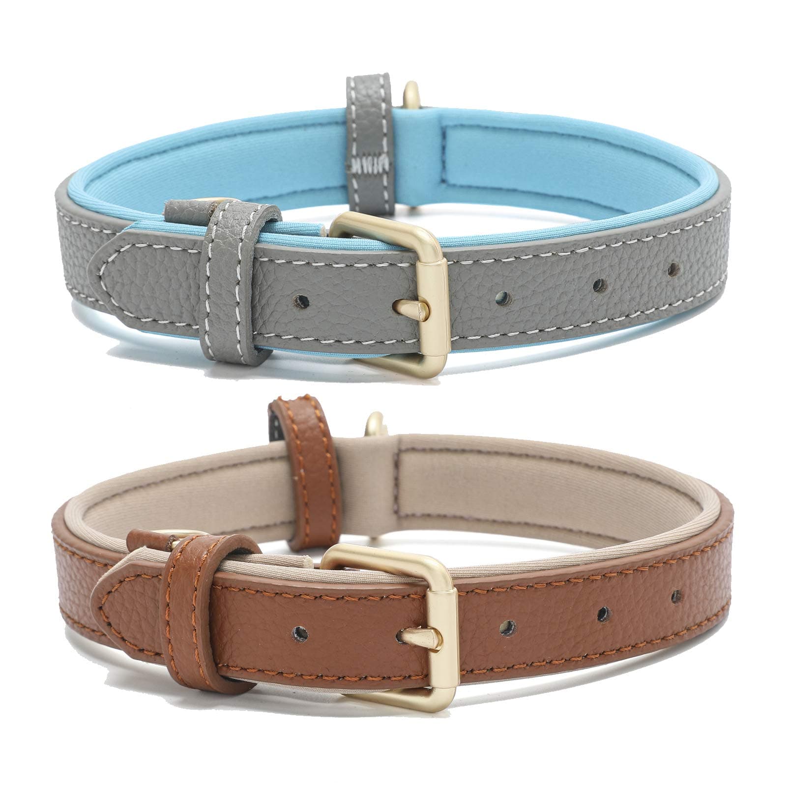 2 Pack Leather Dog Collar for Small Medium Large Dogs Classic Soft Padded Breathable Waterproof Collars Grey Brown Small