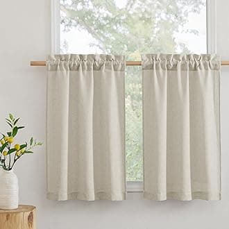 RYB HOME Kitchen Curtains, 30 inches Long Linen Rod Pocket Semi Sheer Cuartins for Basemnet Cafe, Light Filtering Bathroom Curtains Over Sink, W 26 x L 30, Angora, 2 Panels Set