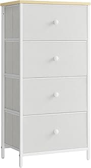 SONGMICS Chest of Drawers Bedroom, Drawer Storage Unit, Dresser with 4 Fabric Drawers, Metal Frame, Tall and Slim, for Closet, White and Oak LTS314W57