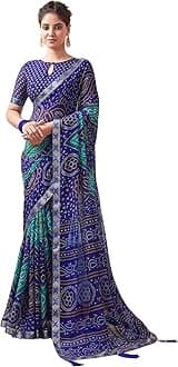 SAMAHWomen's Bandhani Printed | Leheriya Printed Chiffon Saree with Unstitched Blouse Piece