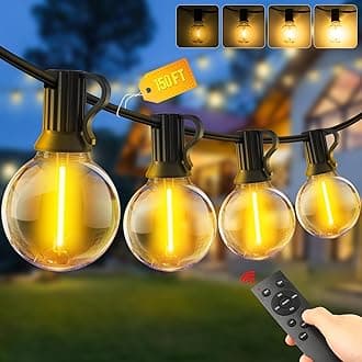 Festoon Light Outdoor Garden String Lights LED 150Ft G40 45M Mains Powered with Remote Control Dimmable Timer Outside Lighting Waterproof Shatterproof Bulb Hanging Fence for Gazebo Patio Pergola