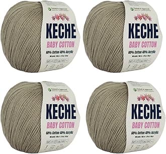Keche Cotton Yarn, 60% Cotton 40% Acrylic Yarn, Soft Cotton Yarn for Crochet and Knitting, Amigurumi Yarn 4 Skeins/Balls [1.76 Oz (50g) / 180 Yrds (165m)] x 4 - Dark Beige