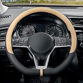 SEG Direct Flat Bottom Steering Wheel Cover Breathable, D Shaped Car Wheel Cover 14 1/2-15 in. (37-39 cm), Black Gray Microfiber Leather