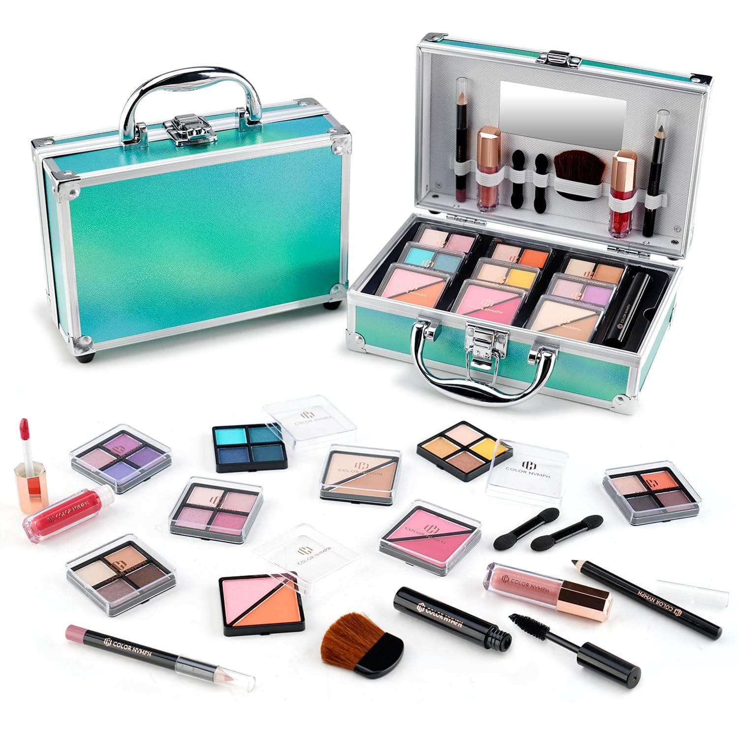 Beginner Makeup Kits For Teens With Train Case Included Full Makeup Kit Eyeshadow Palette Blushes Bronzer Highlighter Lipstick Brushes Mirror (Green)