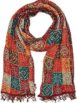 C&G INDIA Women Silk Bandhej Multi Colored Heavy Dupatta Chunni with Geecha Border Stole Scarves Multi