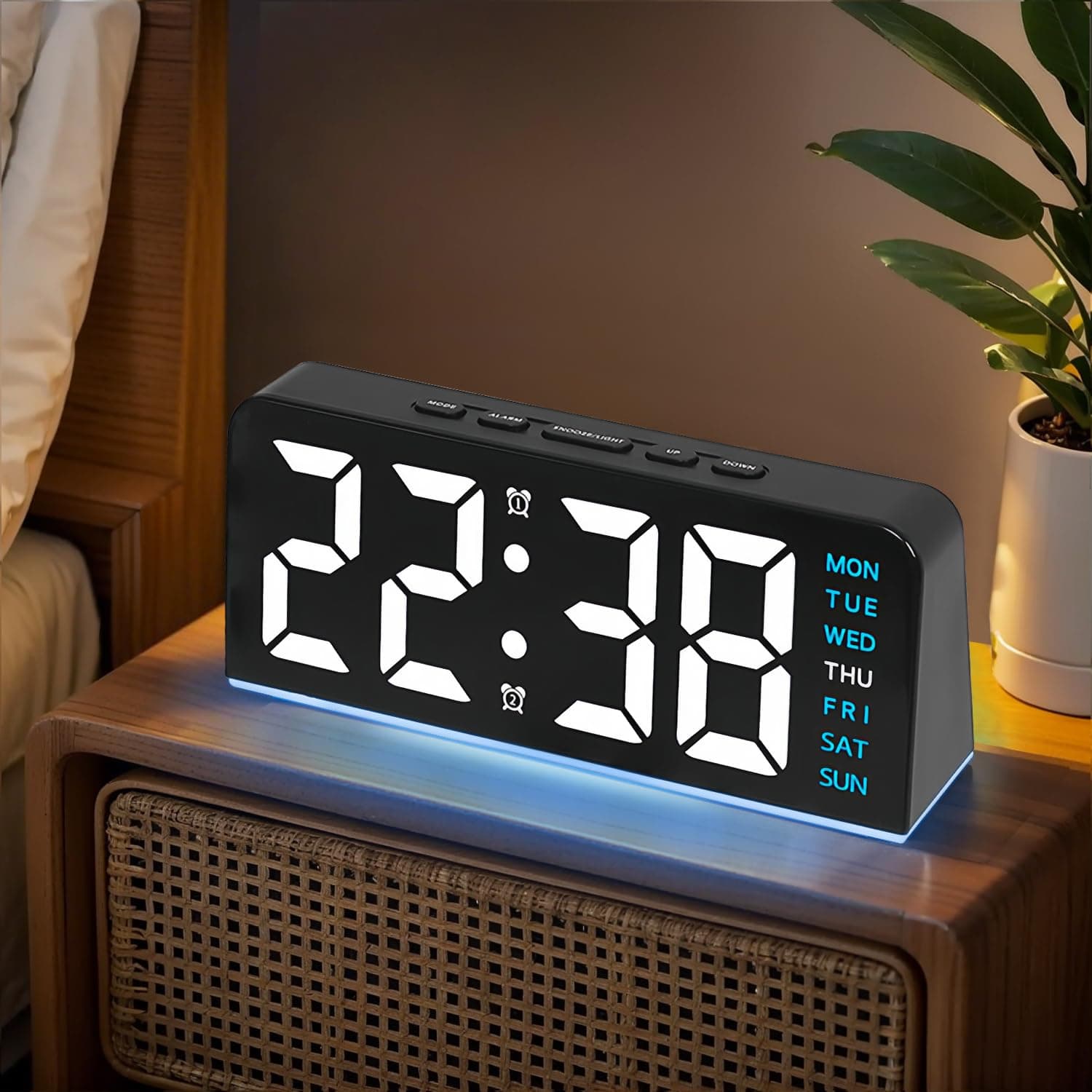 6.8'' Digital Alarm Clock, Necomi LED Digital Clock with Ambient Light, with Day/Date/Temperature / 12 / 24H / Dual Alarm/Snooze, Bedside Desk Table Clock, for Office Bedroom Kids Elderly